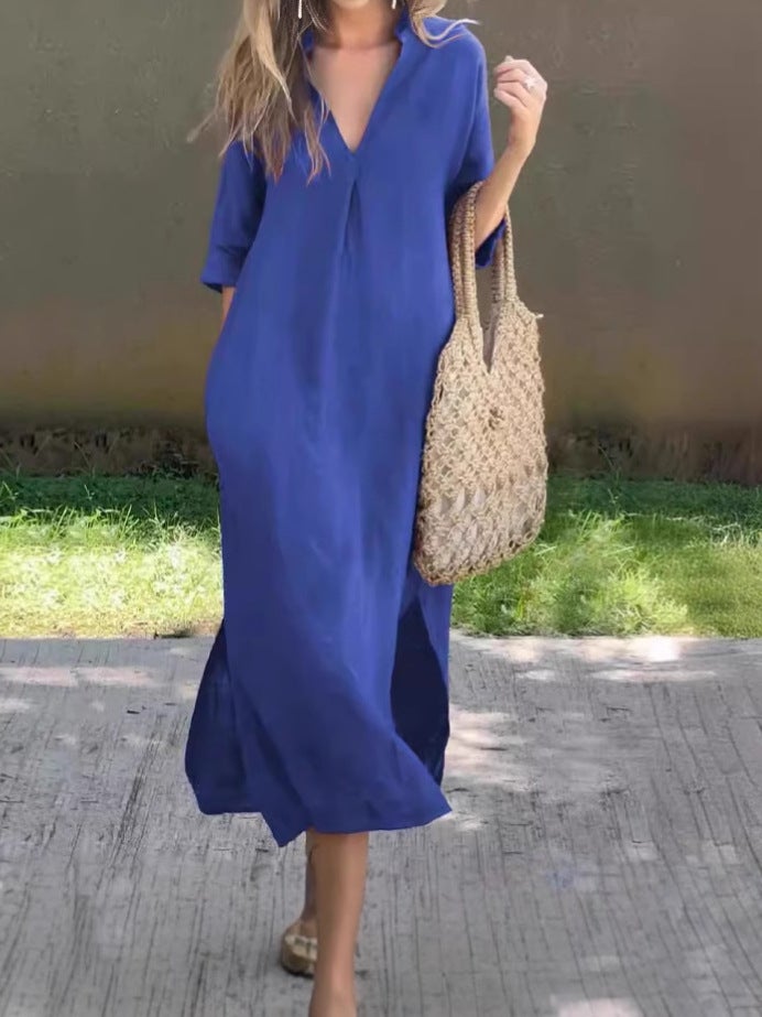 2025 Women's Summer A-Line Dress with Side Slits, Pockets, V-Neck, 3/4 Sleeves, and Chest Pleats - Image 4