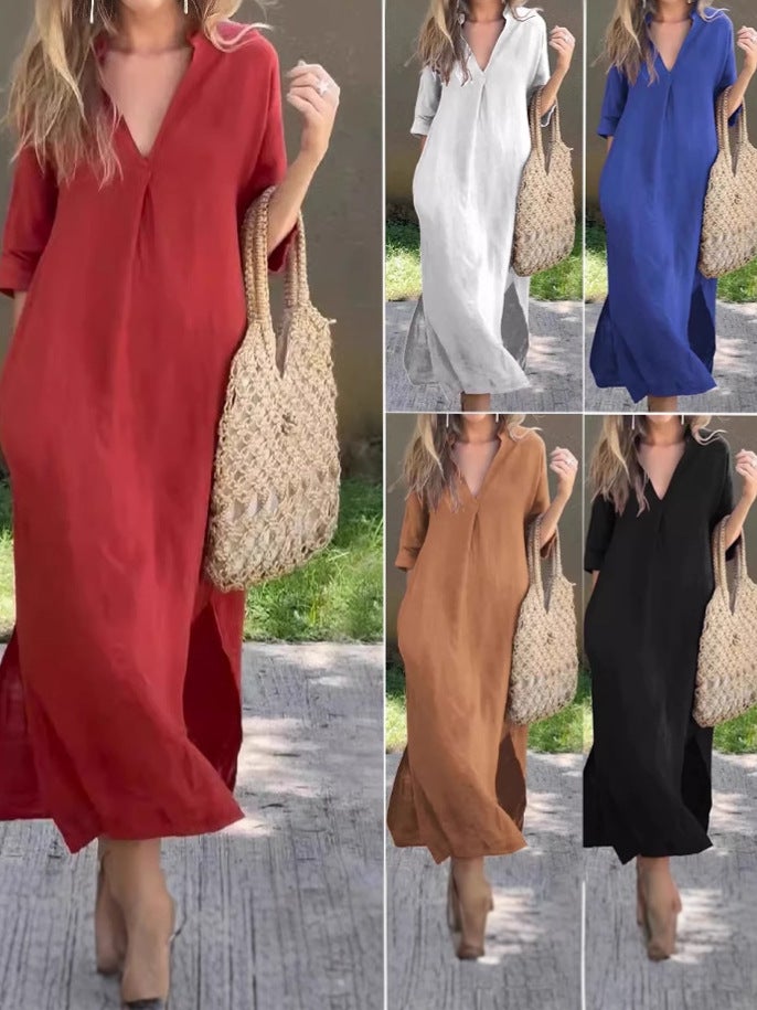 2025 Women's Summer A-Line Dress with Side Slits, Pockets, V-Neck, 3/4 Sleeves, and Chest Pleats - Image 2