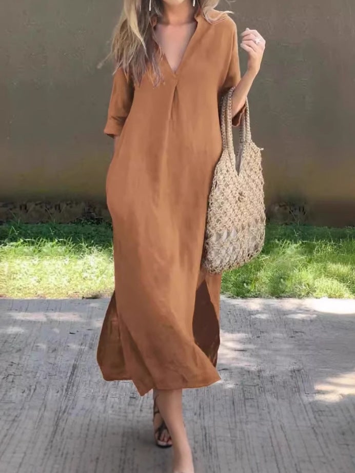 2025 Women's Summer A-Line Dress with Side Slits, Pockets, V-Neck, 3/4 Sleeves, and Chest Pleats - Image 3