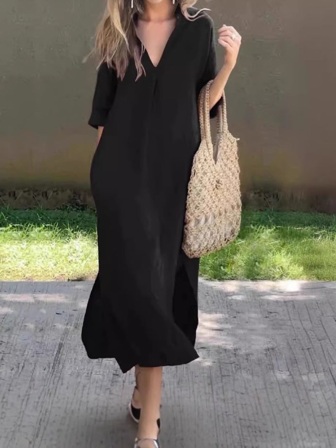 2025 Women's Summer A-Line Dress with Side Slits, Pockets, V-Neck, 3/4 Sleeves, and Chest Pleats - Image 5