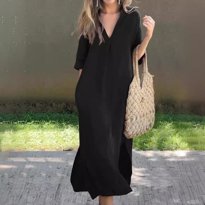 2025 Women's Summer A-Line Dress with Side Slits, Pockets, V-Neck, 3/4 Sleeves, and Chest Pleats - Image 1