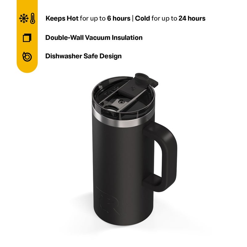RTIC 16oz Road Trip Travel Mug with Lid and Handle, Ceramic Lined, Insulated, Stainless Steel, Metal, Double Wall Vacuum-Insulation, Portable Coffee, Tea Cup for Hot and Cold Drink, Black - Image 2
