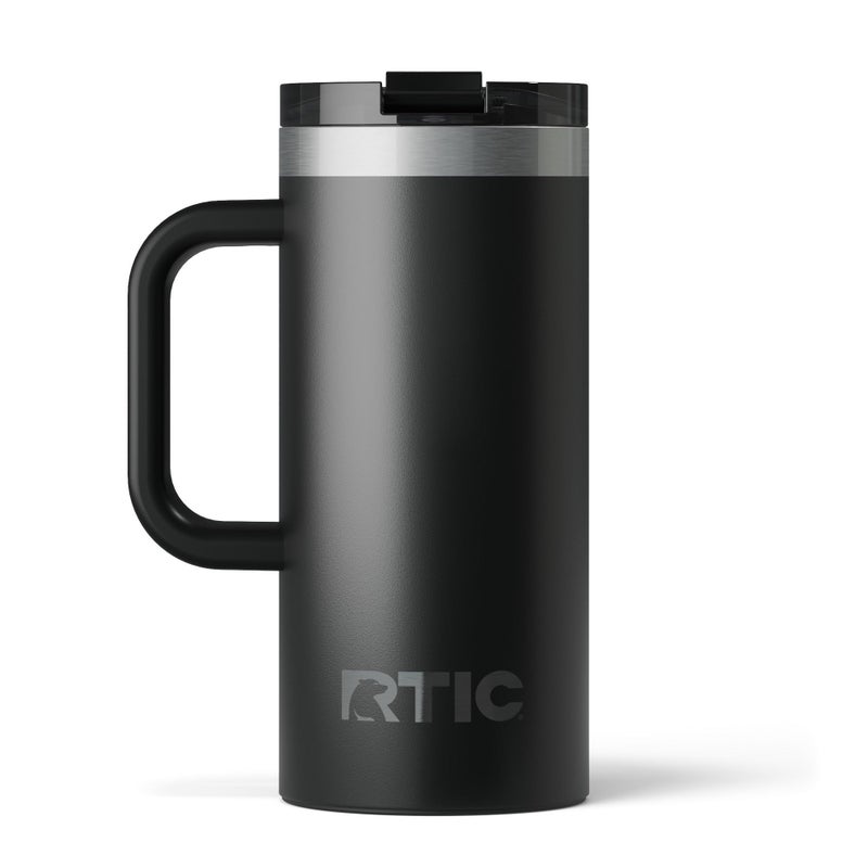 RTIC 16oz Road Trip Travel Mug with Lid and Handle, Ceramic Lined, Insulated, Stainless Steel, Metal, Double Wall Vacuum-Insulation, Portable Coffee, Tea Cup for Hot and Cold Drink, Black - Image 1