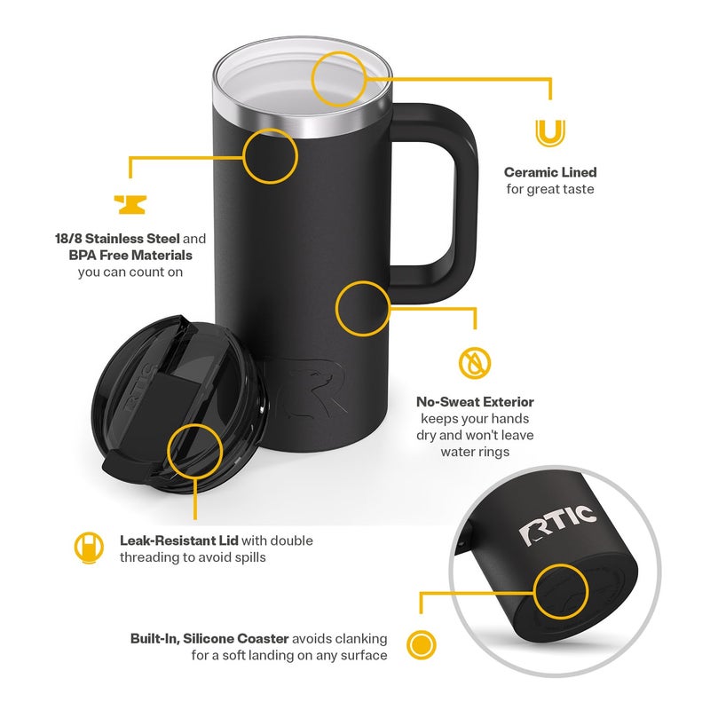 RTIC 16oz Road Trip Travel Mug with Lid and Handle, Ceramic Lined, Insulated, Stainless Steel, Metal, Double Wall Vacuum-Insulation, Portable Coffee, Tea Cup for Hot and Cold Drink, Black - Image 3