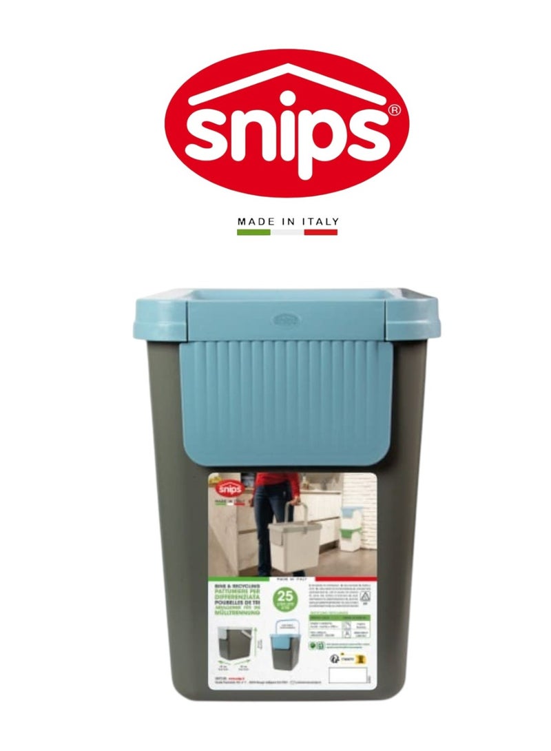 Snips 25L Recycling Bin for Separate Waste Collection – Grey with Light Blue Lid, Made in Italy - Image 1