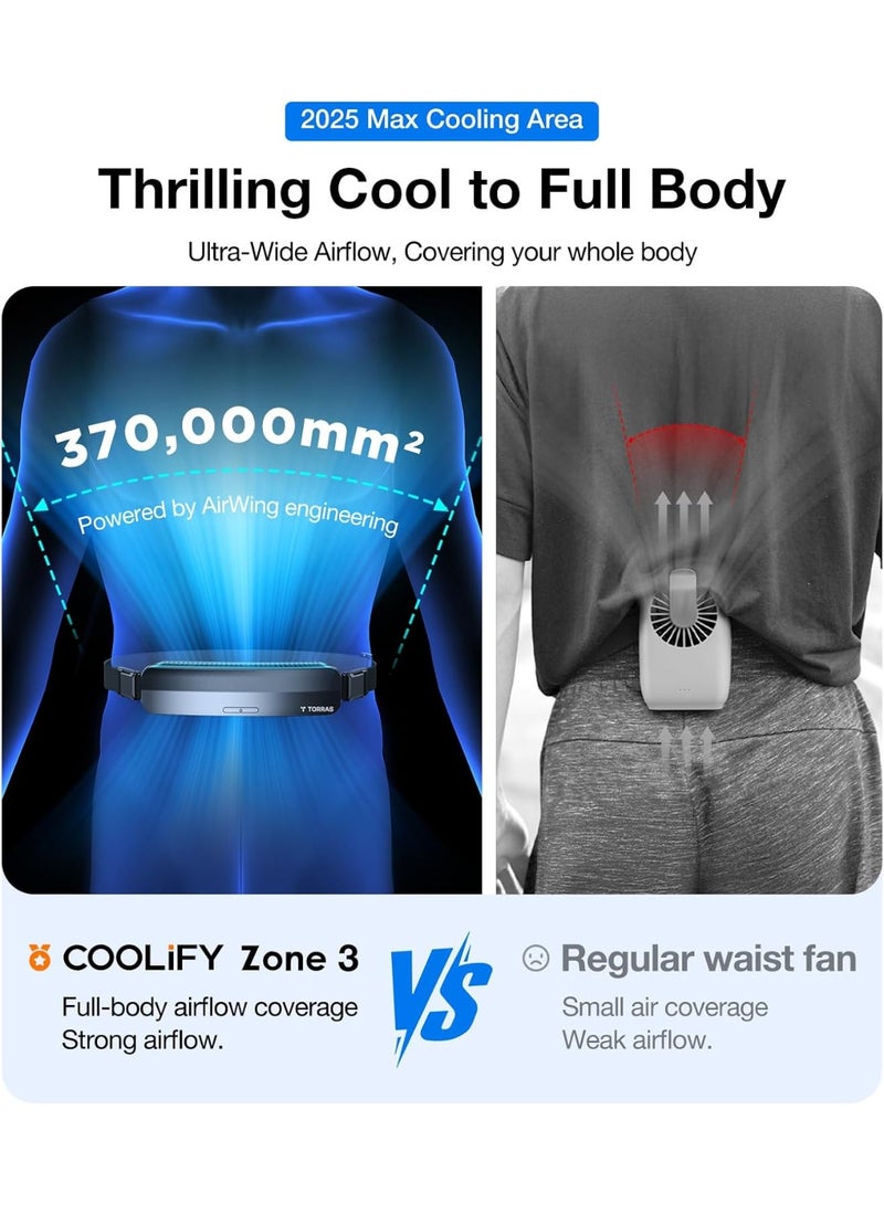 مروحة TORRAS 2025 المحمولة الأفضل للخصر COOLiFY Zone 3، مروحة حزام شخصية خفيفة الوزن للغاية، أقوى ريح بسرعة 26 قدم/ثانية لتبريد الجسم بالكامل، منطقة تبريد رقم 1 وتقنية تبريد، قابلة لإعادة الشحن للاستخدام الخارجي/في مواقع العمل - Image 3