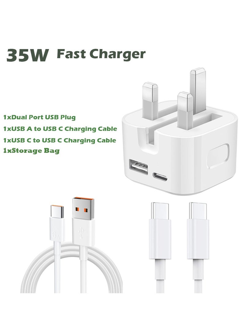 Youque 35W Dual Port USB Fast Charger Plug with Storage Bag,USB C Charger for iPhone 15 16 Series Apple Airpods Series Samsung Honor Huawei Xiaomi and More USB-C Cable Included White  - Image 2