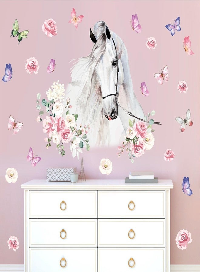 HATARU White Horses Wall Decals Farm Animal Decals Peel and Stick Wild Horse Wall Decor Butterfly Flowers Wall Stickers Horses Vinyl Art Mural for Living Room Kids Bedroom Nursery Farmhouse Office Decor Gift - Image 1