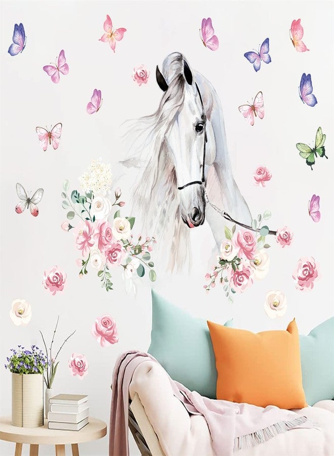 HATARU White Horses Wall Decals Farm Animal Decals Peel and Stick Wild Horse Wall Decor Butterfly Flowers Wall Stickers Horses Vinyl Art Mural for Living Room Kids Bedroom Nursery Farmhouse Office Decor Gift - Image 2
