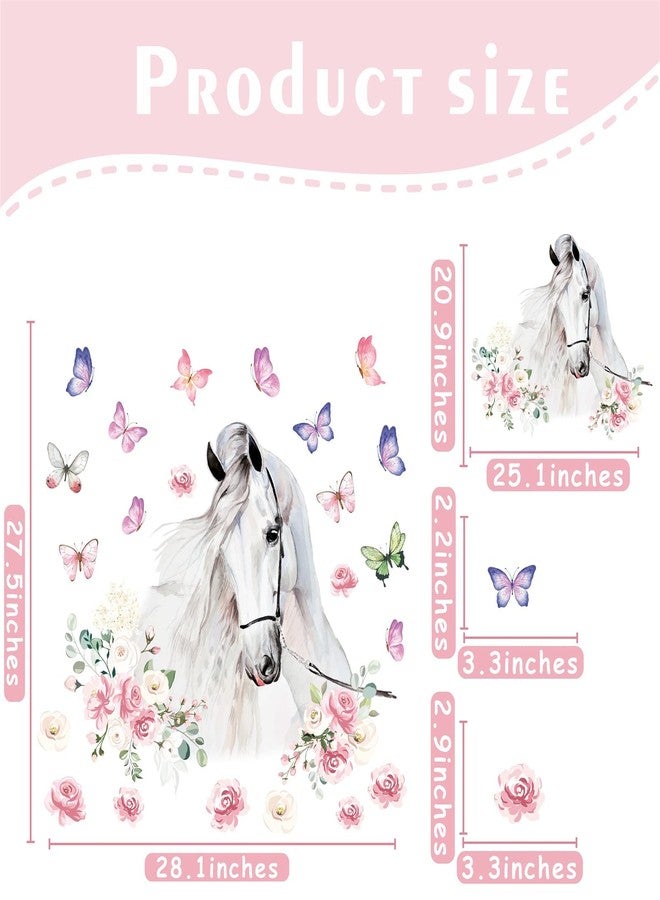 HATARU White Horses Wall Decals Farm Animal Decals Peel and Stick Wild Horse Wall Decor Butterfly Flowers Wall Stickers Horses Vinyl Art Mural for Living Room Kids Bedroom Nursery Farmhouse Office Decor Gift - Image 3