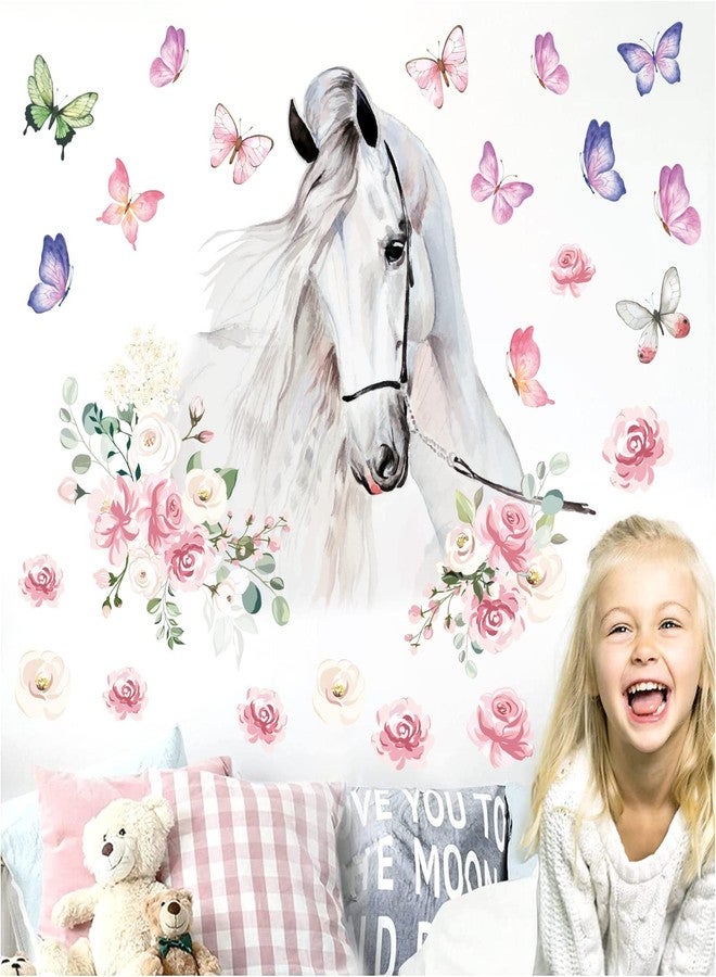 HATARU White Horses Wall Decals Farm Animal Decals Peel and Stick Wild Horse Wall Decor Butterfly Flowers Wall Stickers Horses Vinyl Art Mural for Living Room Kids Bedroom Nursery Farmhouse Office Decor Gift - Image 5
