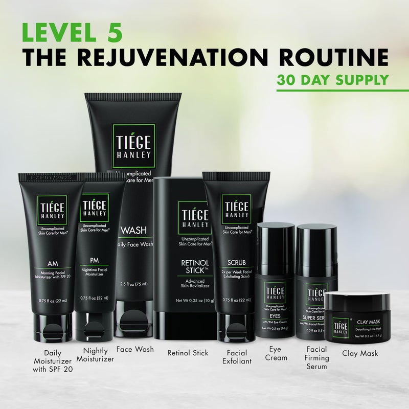 Tiege Hanley Skin Care Set for Men, Rejuvenation Routine, System Level 5, Face Wash, Scrub, Moisturizers, Eye Cream, Serum, Clay Mask, & Retinol Stick for Healthy Skin, Menâ€™s Skin Care, 8 Piece Kit - Image 2
