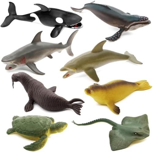 Fun Gift Sea Animal Toy Set, 8 pcs Animal Sea Figures Ocean Toy for Kids, Realistic Set for Sea Lovers, Includes Great White Shark, Dolphin, White Shark, Whale for Age 3+ - Image 1