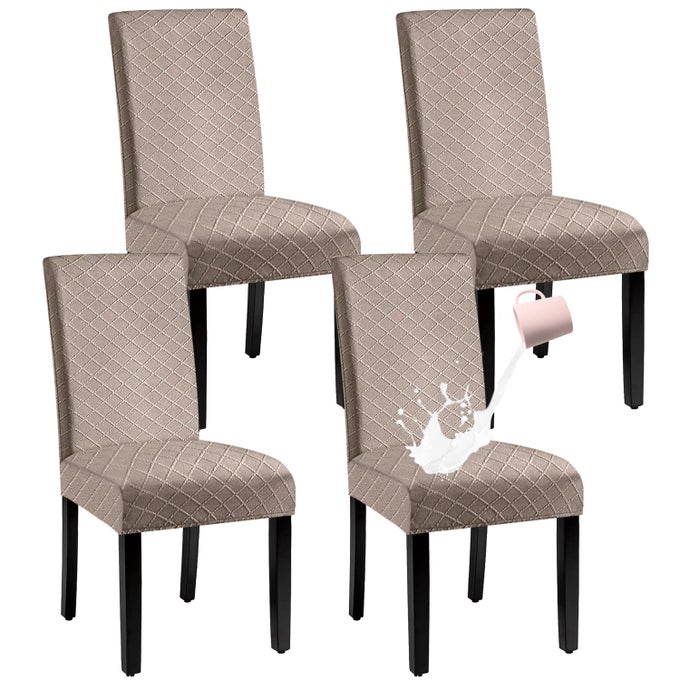WATERPROOF DINING CHAIR COVERSPANDEX FABRIC FIT STRETCH CHAIR SLIPCOVERREMOVABLE WASHABLE JACQUARD PARSONS CHAIR COVERS KHAKISET OF 4