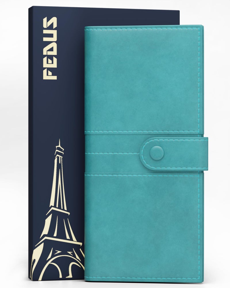 FEDUS Leather Premium Long Currency Holder,Passport Holder for Unisex, Wallet with Card Holder,Id Card,Ticket,Currency,Boarding Pass Slots RFID Protected Travel Accessories Organiser, Cyan - Image 1