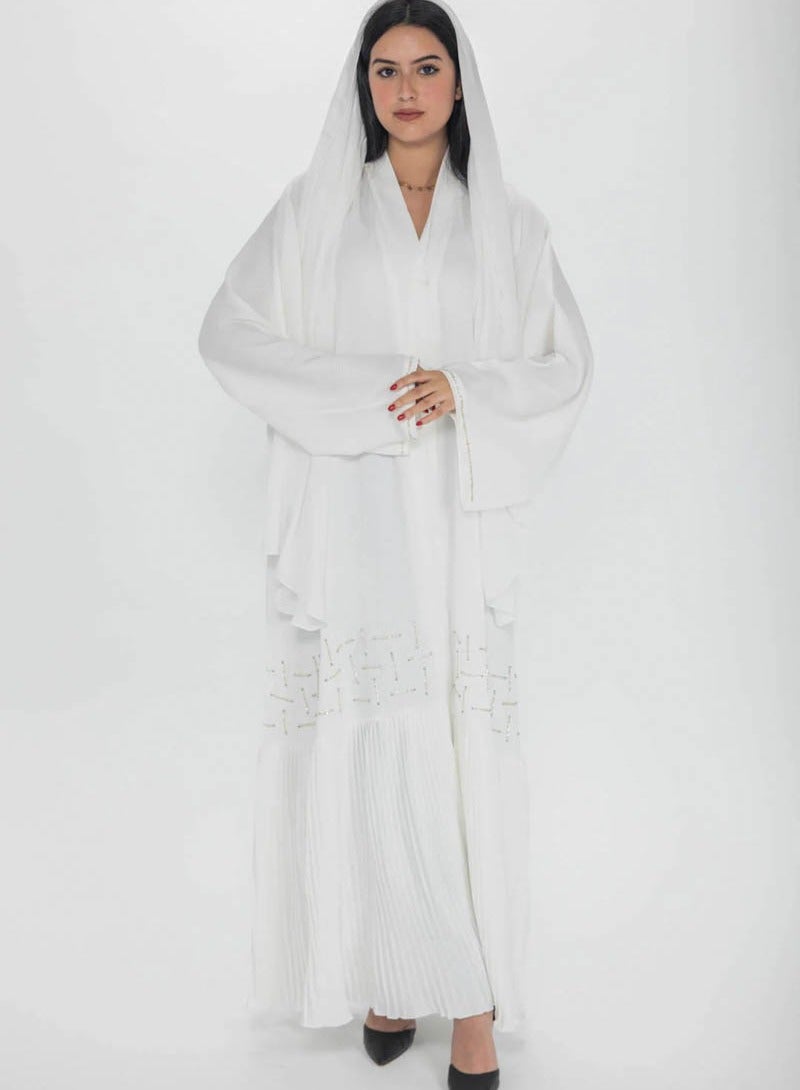 Aara Off White Abaya with Pleats and Gold Embellishments - Image 1