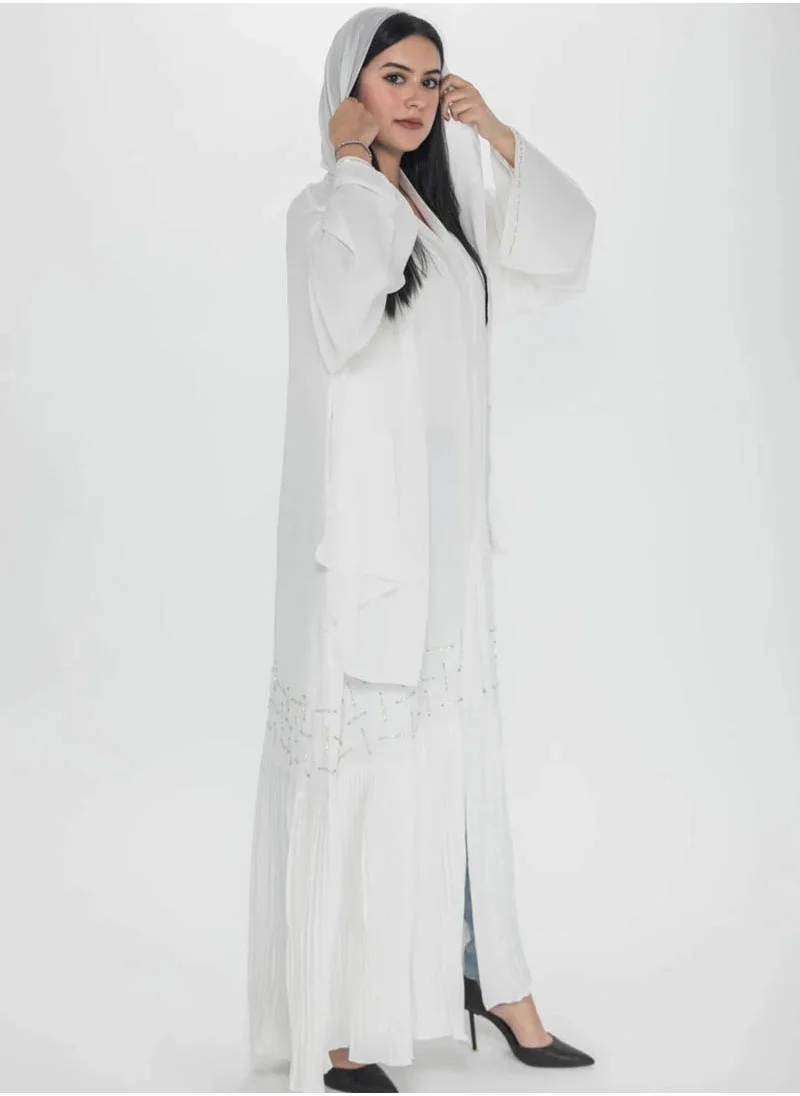 آرا Off White Abaya with Pleats and Gold Embellishments