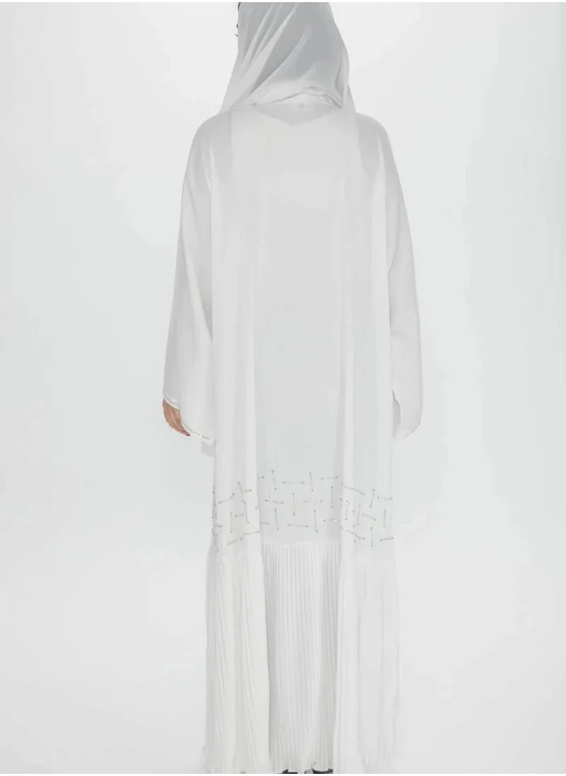 Aara Off White Abaya with Pleats and Gold Embellishments