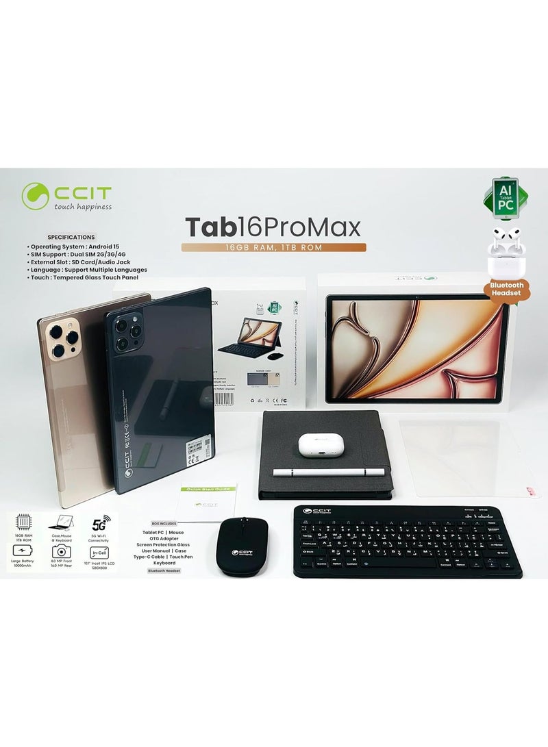 CCIT تاب 16 برو ماكس أندرويد 15 تابلت | شاشة HD بحجم 10.1 بوصة، 16 جيجابايت RAM + 1 تيرابايت ROM | تابلت 5G ثنائي الشريحة مع واي فاي ولوحة مفاتيح وسماعة بلوتوث | بطارية 8000 مللي أمبير، كاميرا مزدوجة، GPS – رمادي - Image 4