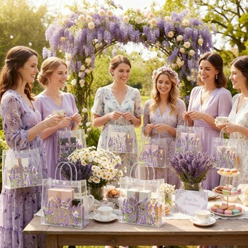 Resholder 24 Pcs Lavender Party Gift Bags Clear Lavender Goodie Bags with Handle 8 x 8 x 3.15 Inch Return Gift Wrap Totes for Guests Women Purple Themed Birthday Baby Shower Spring Party Supplies - Image 4