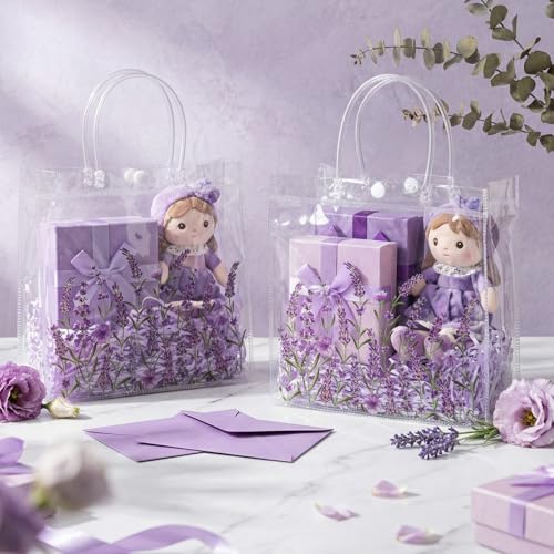 Resholder 24 Pcs Lavender Party Gift Bags Clear Lavender Goodie Bags with Handle 8 x 8 x 3.15 Inch Return Gift Wrap Totes for Guests Women Purple Themed Birthday Baby Shower Spring Party Supplies - Image 5