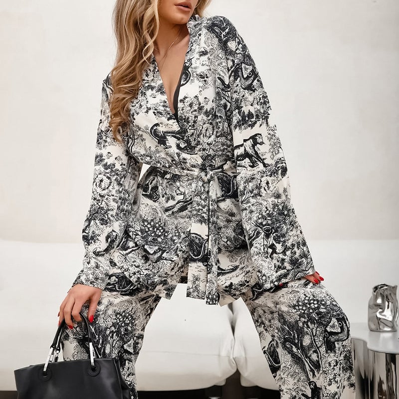 European and American fashion printing suit 2025 spring cross-border design sense lace-up shirt trousers two-piece loose womens clothing Color - Image 3