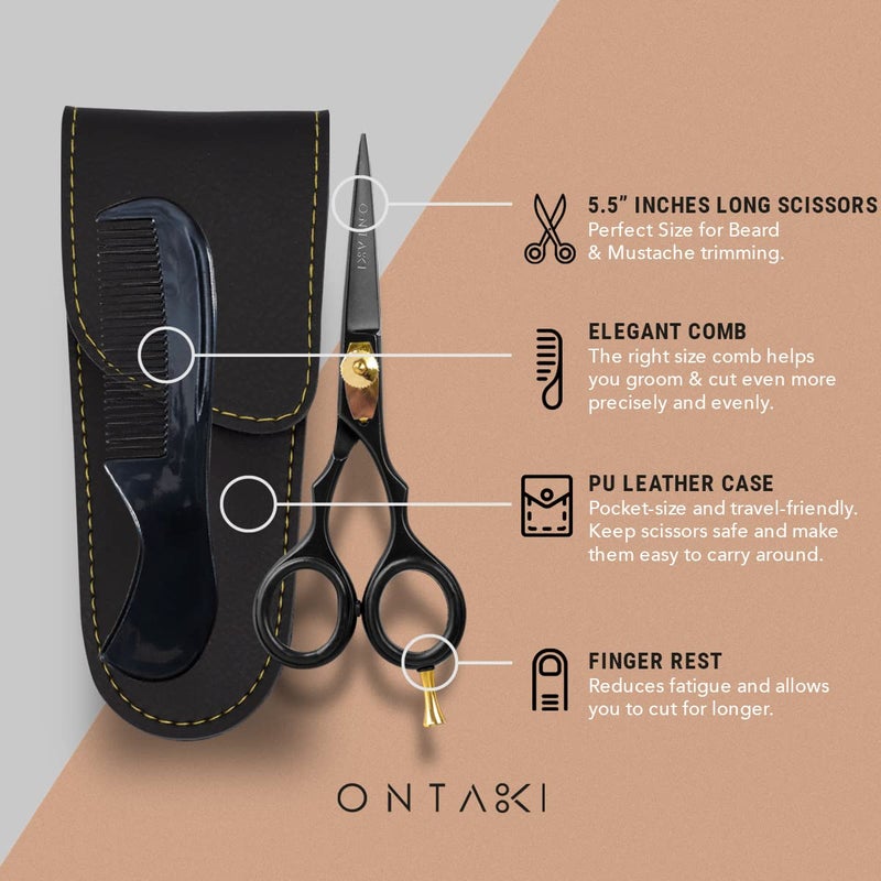 Ontaki مقص أونتاكي 5.5 بوصة لتقليم اللحية والشعر - مقصات حلاق يابانية مصنوعة يدويًا من الفولاذ للمحترفين للشارب، الغرة، الرجال، الحيوانات الأليفة (ذهبي وأسود) - مقصات الشعر - Image 5