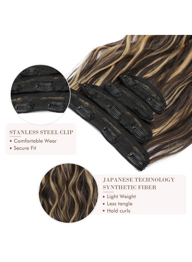 REECHO Hair Extensions, 4Pcs Clip In Hair Extensions He001 Natural Soft Synthetic Hairpieces For Women, Dark Brown With Blonde Highlights - Image 3
