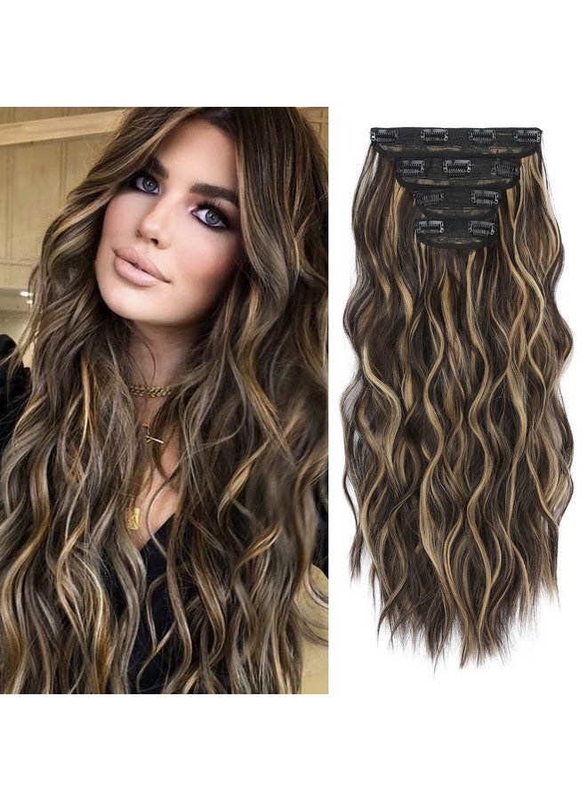 REECHO Hair Extensions, 4Pcs Clip In Hair Extensions He001 Natural Soft Synthetic Hairpieces For Women, Dark Brown With Blonde Highlights - Image 1