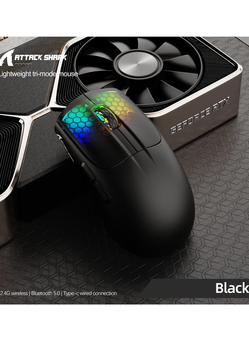 هجوم القرش - ماوس ألعاب لاسلكي X5 بثلاثة أوضاع BT 5.1/2.4Ghz/USB-C، خفيف الوزن 49 جرام، مستشعر بصري PAW3212، بطارية قابلة لإعادة الشحن، ماوس قرص العسل RGB LED للكمبيوتر الشخصي/الكمبيوتر اللوحي/سطح المكتب/المكتب/الألعاب - Image 1