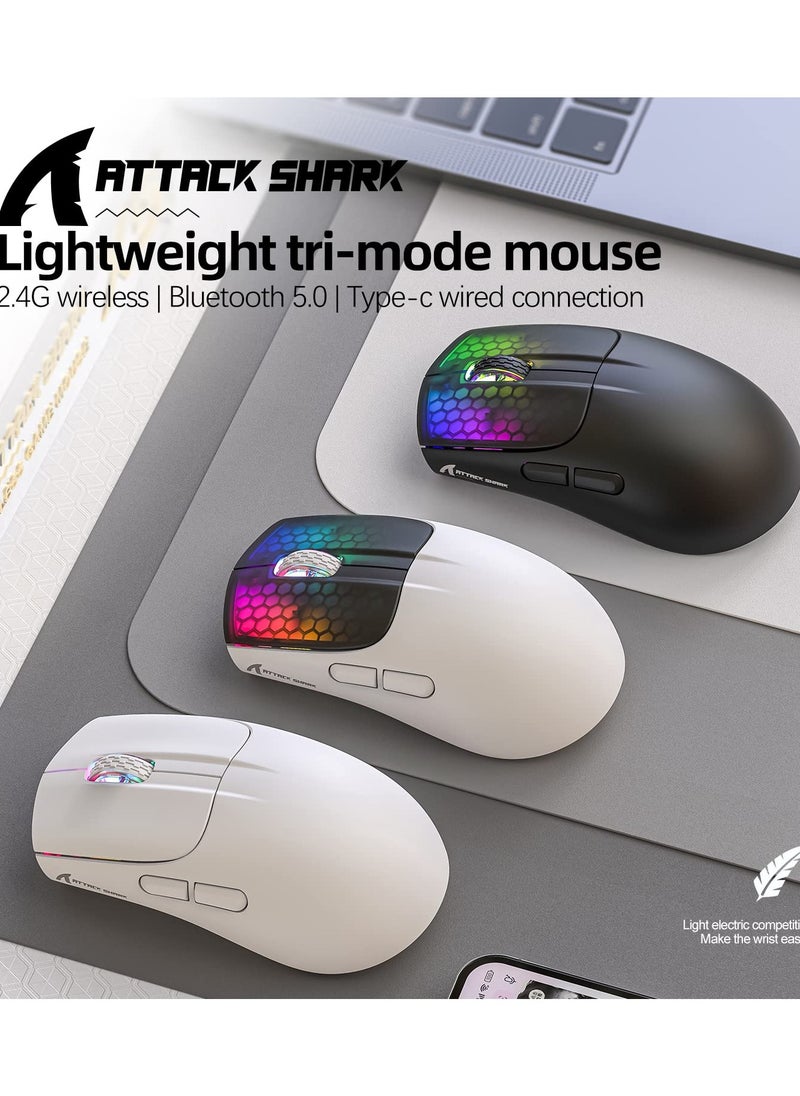 هجوم القرش - ماوس ألعاب لاسلكي X5 بثلاثة أوضاع BT 5.1/2.4Ghz/USB-C، خفيف الوزن 49 جرام، مستشعر بصري PAW3212، بطارية قابلة لإعادة الشحن، ماوس قرص العسل RGB LED للكمبيوتر الشخصي/الكمبيوتر اللوحي/سطح المكتب/المكتب/الألعاب - Image 1