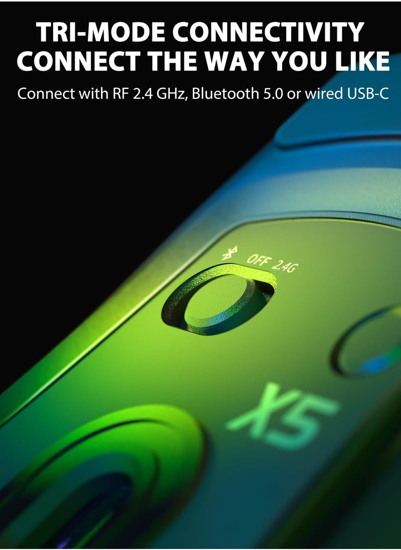 هجوم القرش - ماوس ألعاب لاسلكي X5 بثلاثة أوضاع BT 5.1/2.4Ghz/USB-C، خفيف الوزن 49 جرام، مستشعر بصري PAW3212، بطارية قابلة لإعادة الشحن، ماوس قرص العسل RGB LED للكمبيوتر الشخصي/الكمبيوتر اللوحي/سطح المكتب/المكتب/الألعاب - Image 1