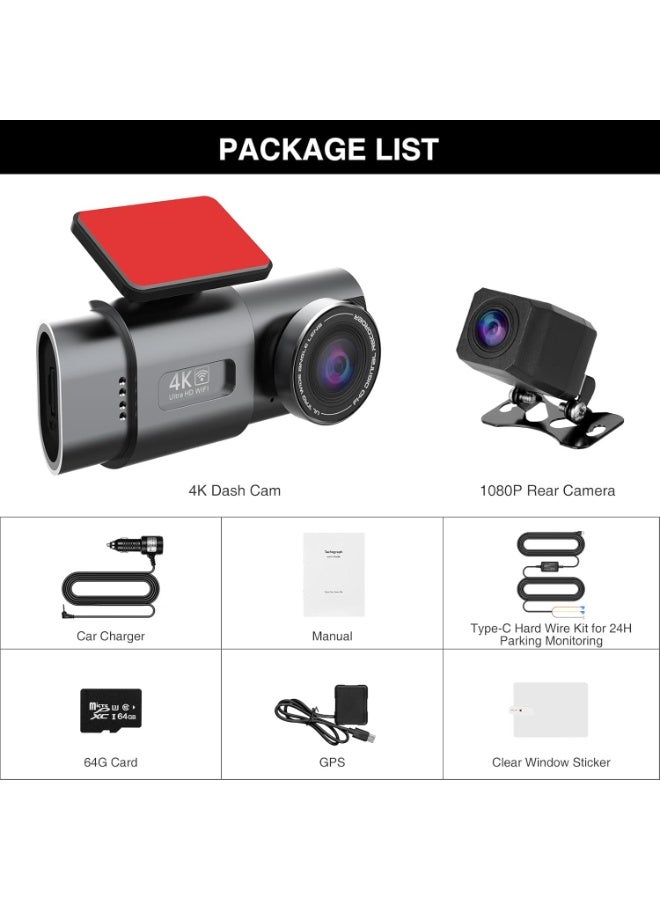 MUNTAQI 4K Dash Cam Front and Rear for Cars – Dual Channel Car Dash Camera with 1080P Rear Camera, 64GB SD Card, Built-in Wi-Fi GPS, 24H Parking Monitor, Loop Recording, G-Sensor, Night Vision - Image 5