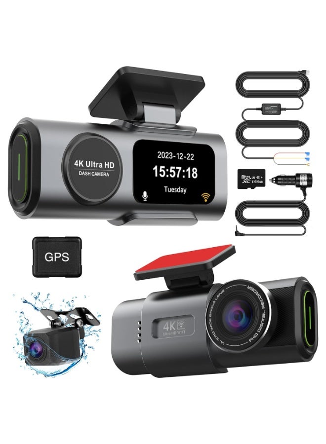 MUNTAQI 4K Dash Cam Front and Rear for Cars – Dual Channel Car Dash Camera with 1080P Rear Camera, 64GB SD Card, Built-in Wi-Fi GPS, 24H Parking Monitor, Loop Recording, G-Sensor, Night Vision - Image 1