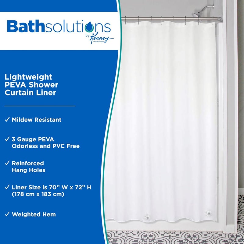 Kenney KN61430 Lightweight 3 Gauge Waterproof PEVA Shower Curtain Liner with Durable Eyelet Hang Holes and Weighted Magnetic Hem for Bathroom, 70" W x 72" H, White, 1-Pack - Image 2