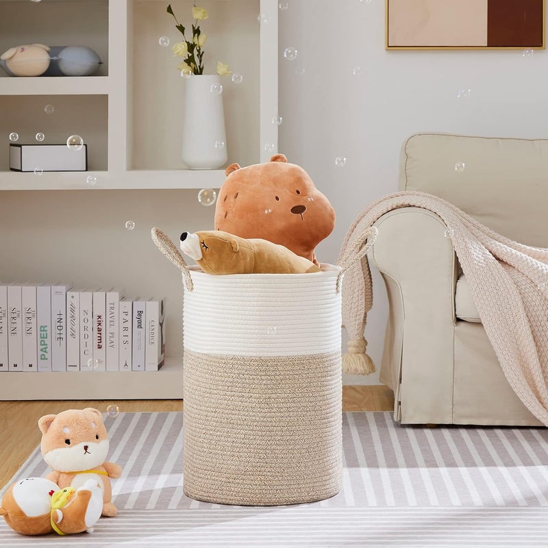 VIPOSCO Large Laundry Hamper, Tall Woven Rope Storage Basket for Blanket, Toys, Dirty Clothes in Living Room, Bathroom, Bedroom - 72L White & Brown - Image 2
