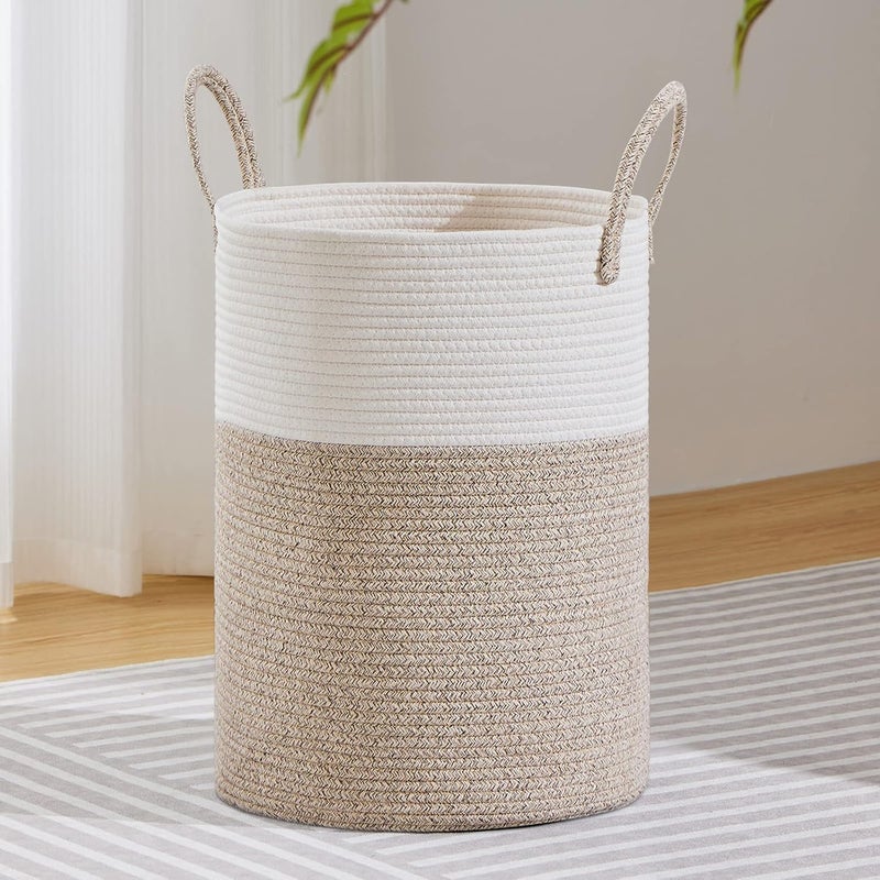 VIPOSCO Large Laundry Hamper, Tall Woven Rope Storage Basket for Blanket, Toys, Dirty Clothes in Living Room, Bathroom, Bedroom - 72L White & Brown - Image 1