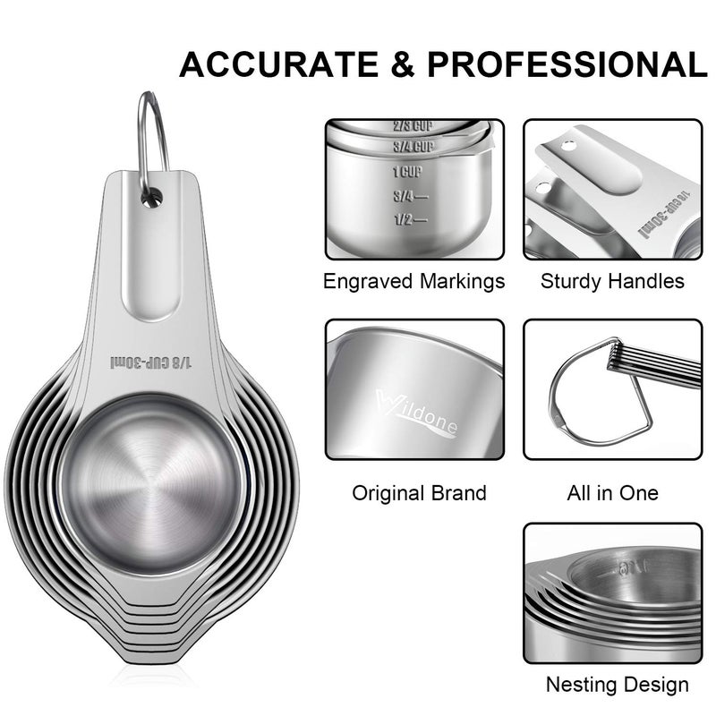 Wildone Measuring Cups & Spoons Set of 21 - Includes 7 Stainless Steel Nesting Cups, 8 Measuring Spoons, 1 Leveler & 5 Mini Measuring Spoons, Ideal for Dry and Liquid Ingredients - Image 2