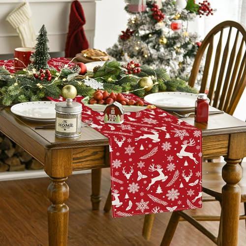 ZCHOMI Red Christmas Reindeer Table Runner 13x72 Inch Pine Branches Snowflakes Winter Kitchen Dinning Table Decoration for Home Party Decor - Image 3