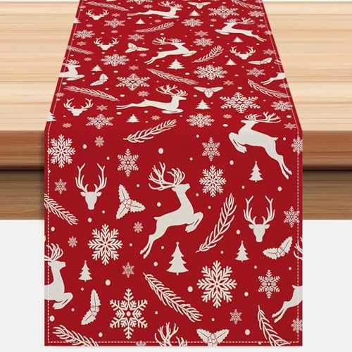 ZCHOMI Red Christmas Reindeer Table Runner 13x72 Inch Pine Branches Snowflakes Winter Kitchen Dinning Table Decoration for Home Party Decor - Image 1