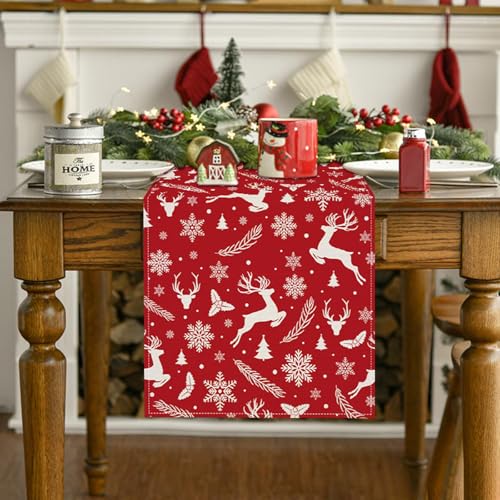 ZCHOMI Red Christmas Reindeer Table Runner 13x72 Inch Pine Branches Snowflakes Winter Kitchen Dinning Table Decoration for Home Party Decor - Image 2