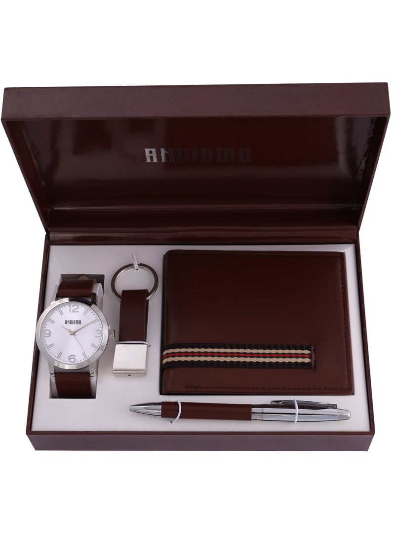 ANDIAMO Men's Analog Silver Case White Dial Brown Leather Strap, Leather Wallet, Key Chain 