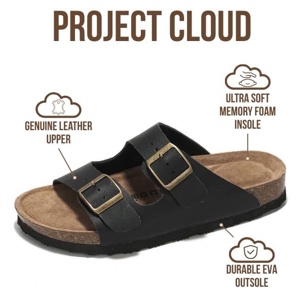 Project Cloud Genuine Leather Flat Sandals Women 2025 Beach Essentials Womens Sandals Memory Foam Vacation Essentials Slides for Women Footwear (Venita, Black, 7.5) - Image 2