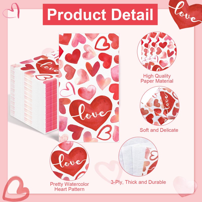 IANFEPH 100PCS Watercolor Heart Valentines Day Napkins Disposable Hand Towels for Bathroom 3 Ply Red Pink Heart Love Paper Napkins Decorative Guest Napkins for Farmhouse Valentines Day Anniversary Party  - Image 2
