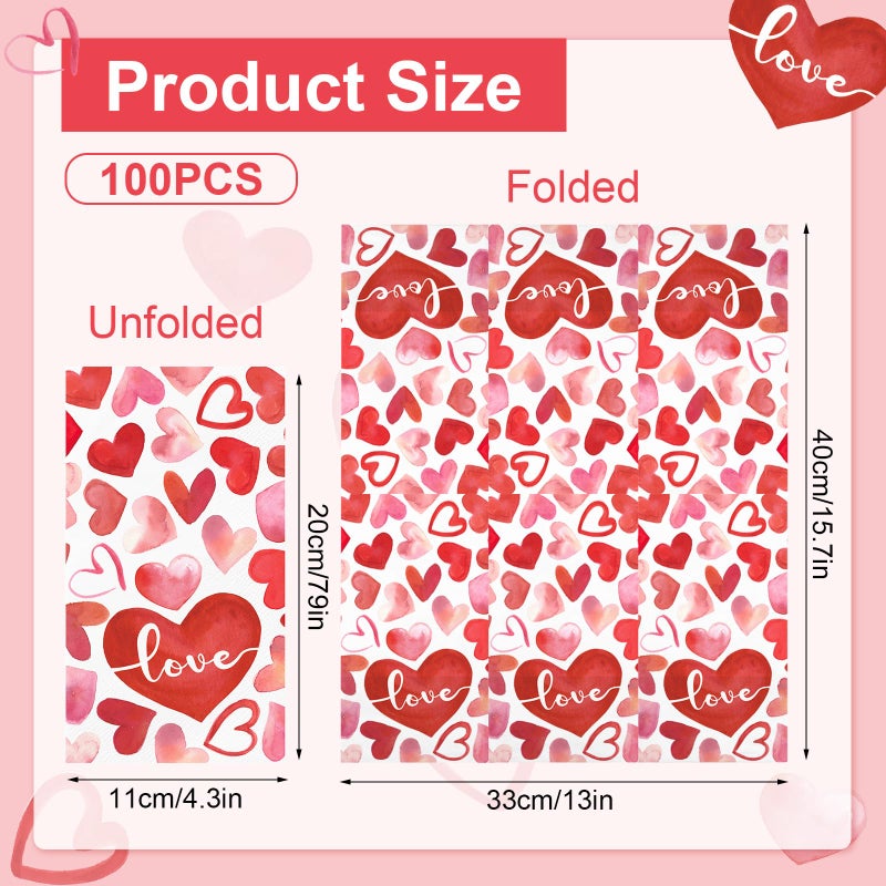 IANFEPH 100PCS Watercolor Heart Valentines Day Napkins Disposable Hand Towels for Bathroom 3 Ply Red Pink Heart Love Paper Napkins Decorative Guest Napkins for Farmhouse Valentines Day Anniversary Party  - Image 1