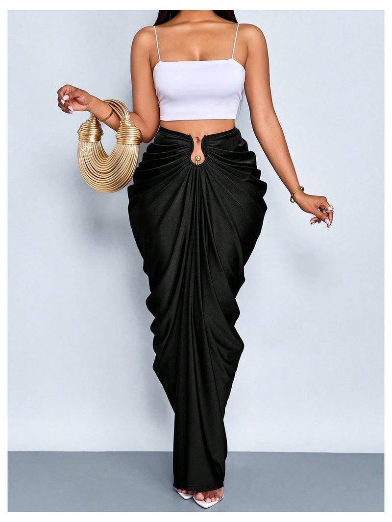 WDIRARA Women's Ruched Bodycon Maxi Skirt Cocktail Party High Waisted Long Fishtail Skirts Black Medium - Image 5