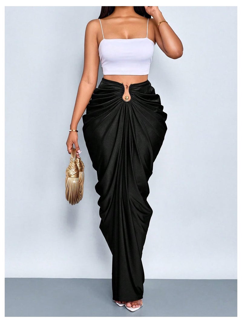 WDIRARA Women's Ruched Bodycon Maxi Skirt Cocktail Party High Waisted Long Fishtail Skirts Black Medium - Image 4