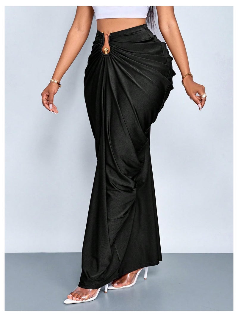 WDIRARA Women's Ruched Bodycon Maxi Skirt Cocktail Party High Waisted Long Fishtail Skirts Black Medium - Image 3