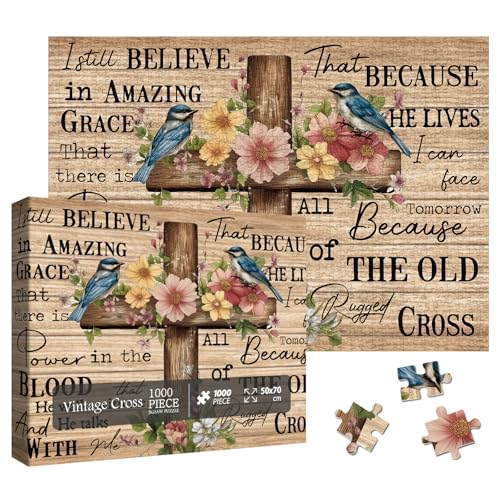 Larkipuzz Jesus Cross Puzzles for Adults 1000 PieceVintage Christian Religious Bible Jigsaw Puzzle Bird Flower Inspirational Scripture Puzzle - Image 1