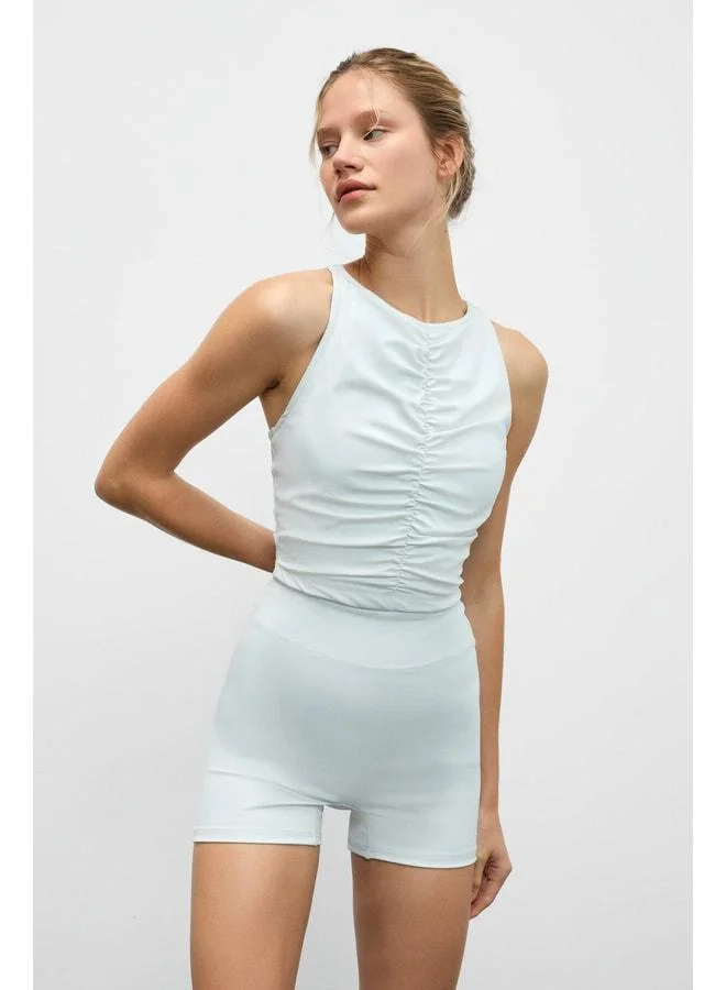 URBAN BEAT MOVEXA Women's Stretchy and Soft-Textured Round-Neck Bustier with Front Ruching and Halter Back in Gray.